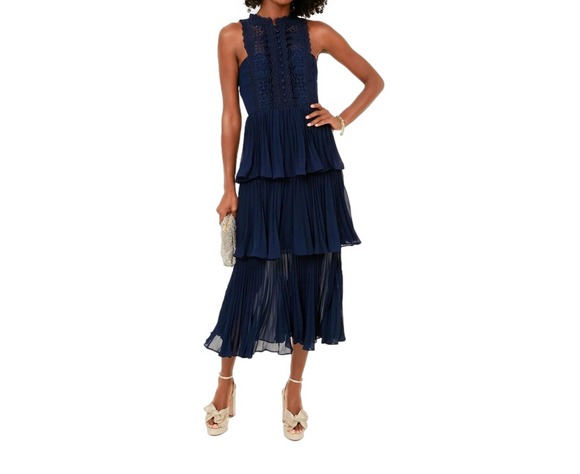 NWT Self Portrait Navy Broderie & Chiffon Sleeveless Tiered Midi Dress Sz 0